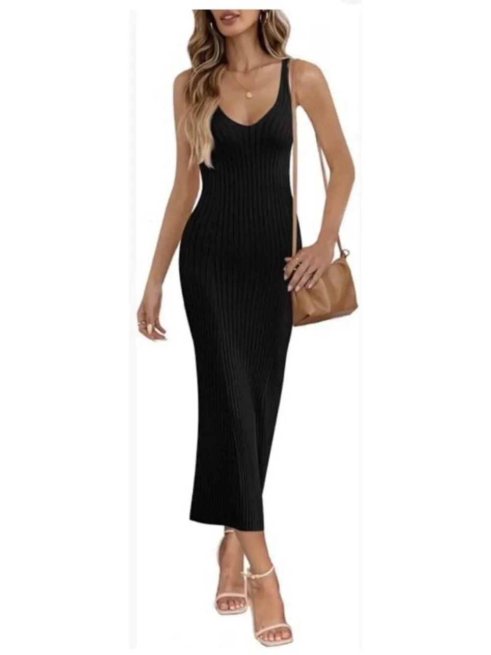 anna quan black v neck ribbed knit Sweater tank Maxi Dress 8 Medium
